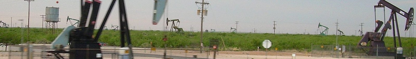 A long row of pumping units spread across flat green ground under a wide sky
